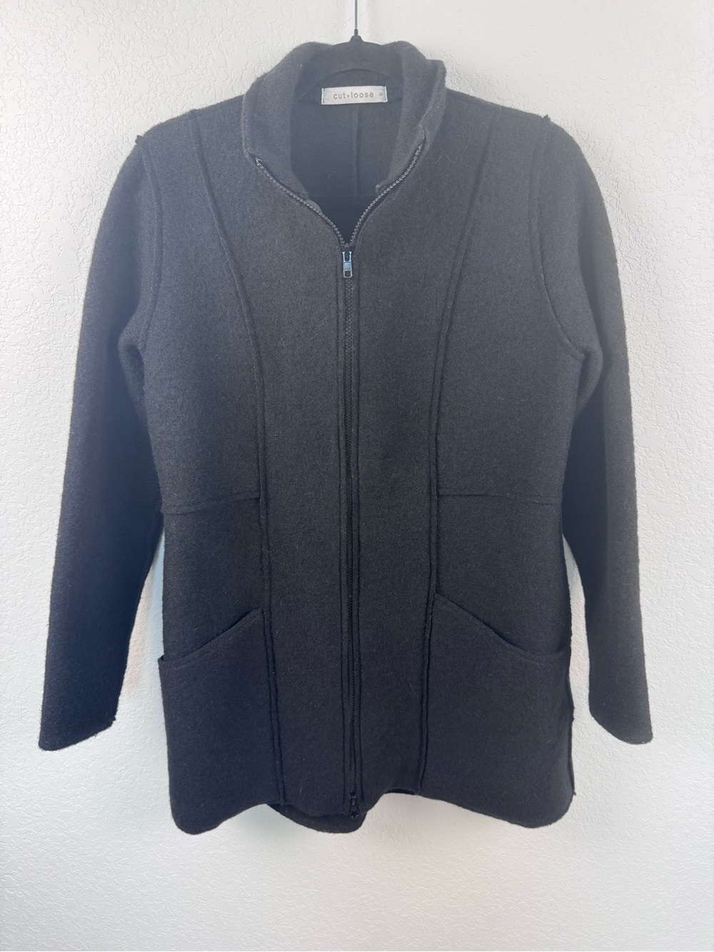 Cut Loose 100% Wool Black Zip-Up Long Jacket with Stand Collar Size Small